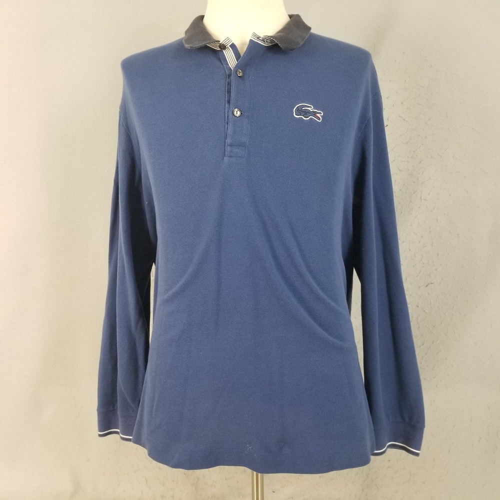 Lacoste Polo Shirt Mens 7 Blue 5191L Long Sleeve Pique Cotton Logo Tipped Cuffs